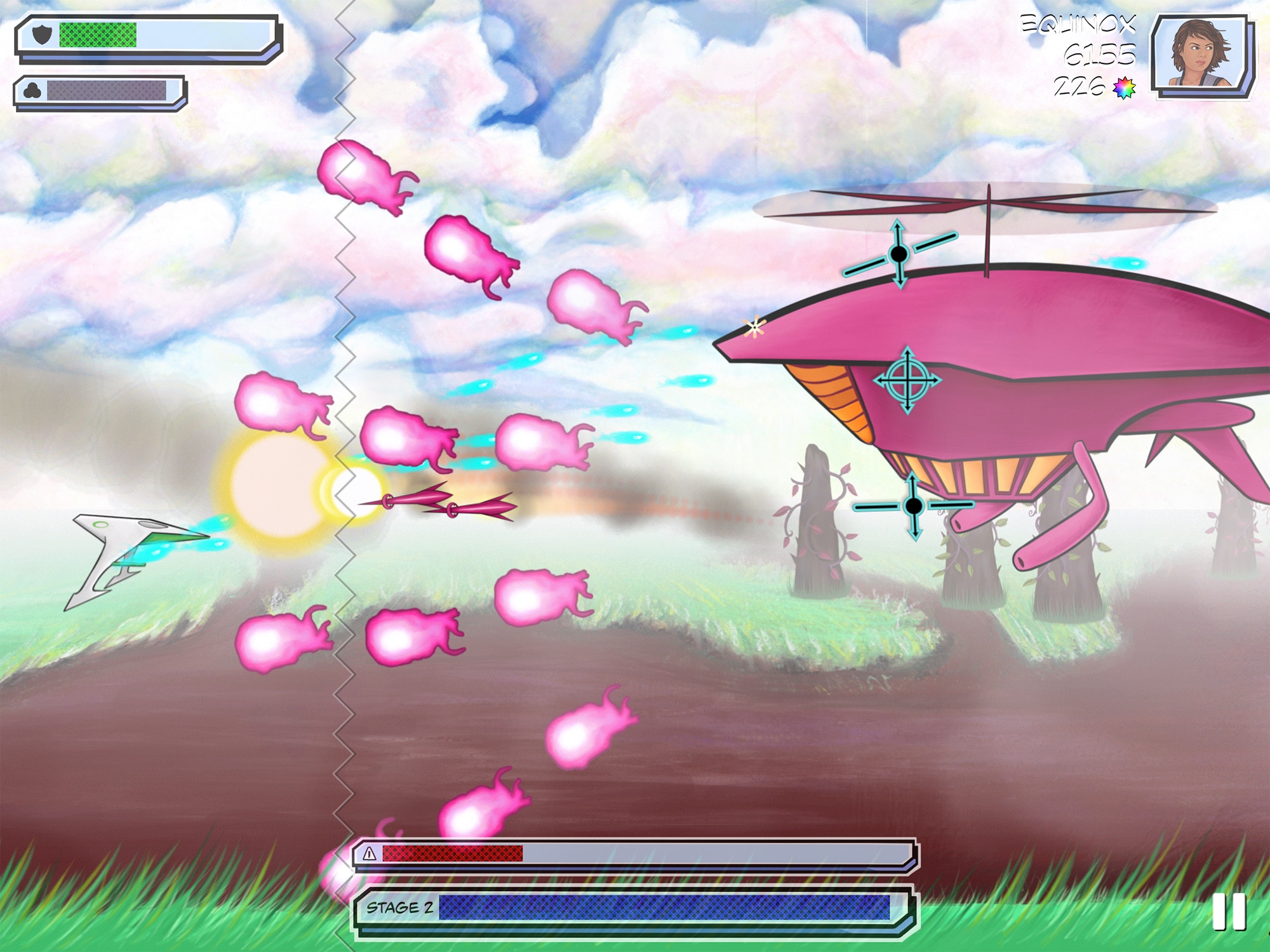 A screenshot from the game "The Day We Fought Space" shows the player's small spaceship, in side profile, exchanging fire with a much larger enemy spaceship, against a multicolored background of vine-draped trees.