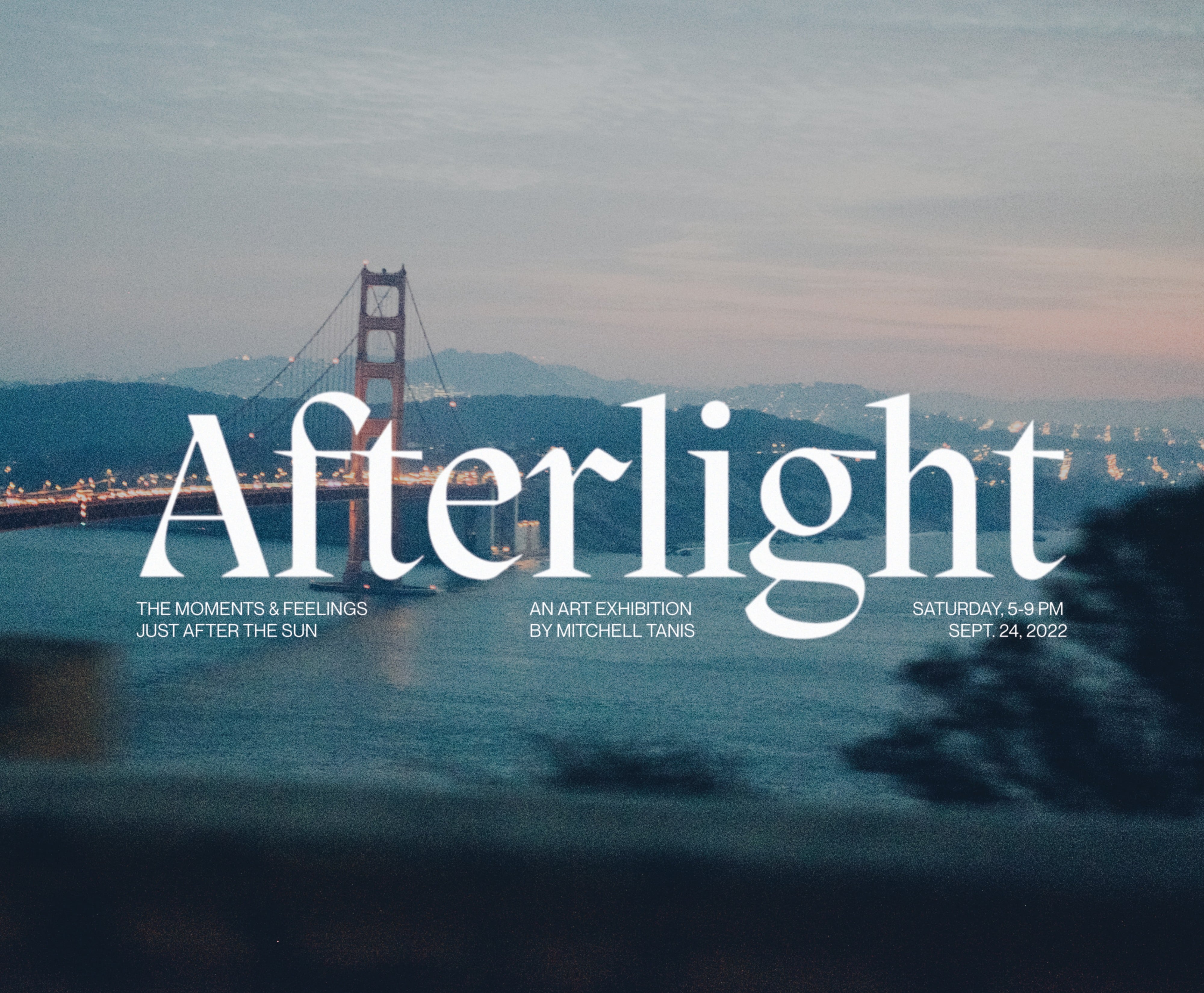 A grainy image of San Francisco's Golden Gate Bridge can be seen underneath the word "Afterlight." Details for the event appear below the main font, which is centered and takes up the middle third of the image.