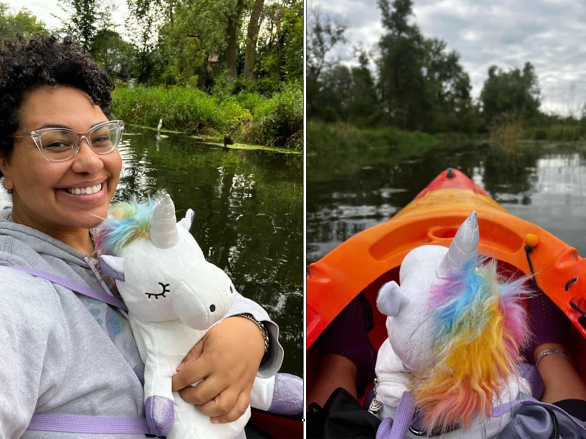 A collage of two photos. On the left, a photo shows the author smiling and holding a backpack that resembles a stuffed unicorn, while sitting in a kayak with water in the background. The photo on the right shows the stuffed unicorn backpack from behind, seated in the front of the kayak, with the kayak's orange prow extending over the water.