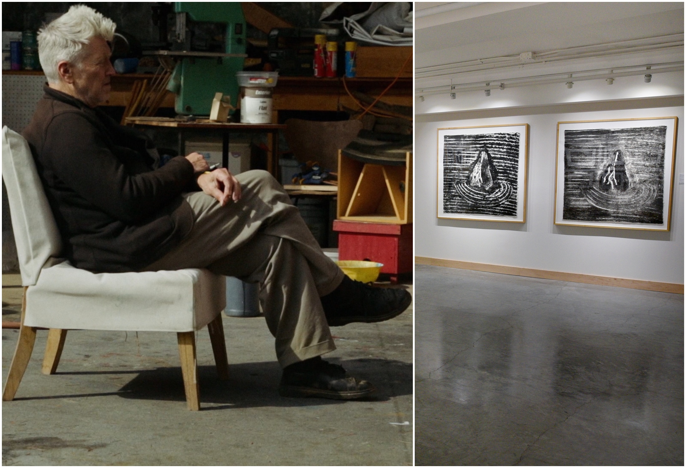 David Lynch sits with his legs crossed in his art studio in a scene from "The Art Life" (left); a photo from the Tandem Press gallery for "Enigma: The Prints Of David Lynch" (right).