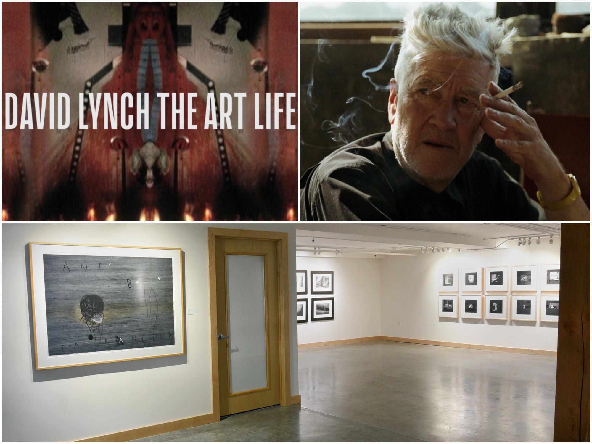 A photo collage depicting the title screen from the documentary David Lynch: The Art Life (top left), a close-up of the artist smoking a cigarette and staring into space (top right), and a wide view of the exhibition Enigma: The Prints of David Lynch at the Tandem Press Apex Gallery (bottom).