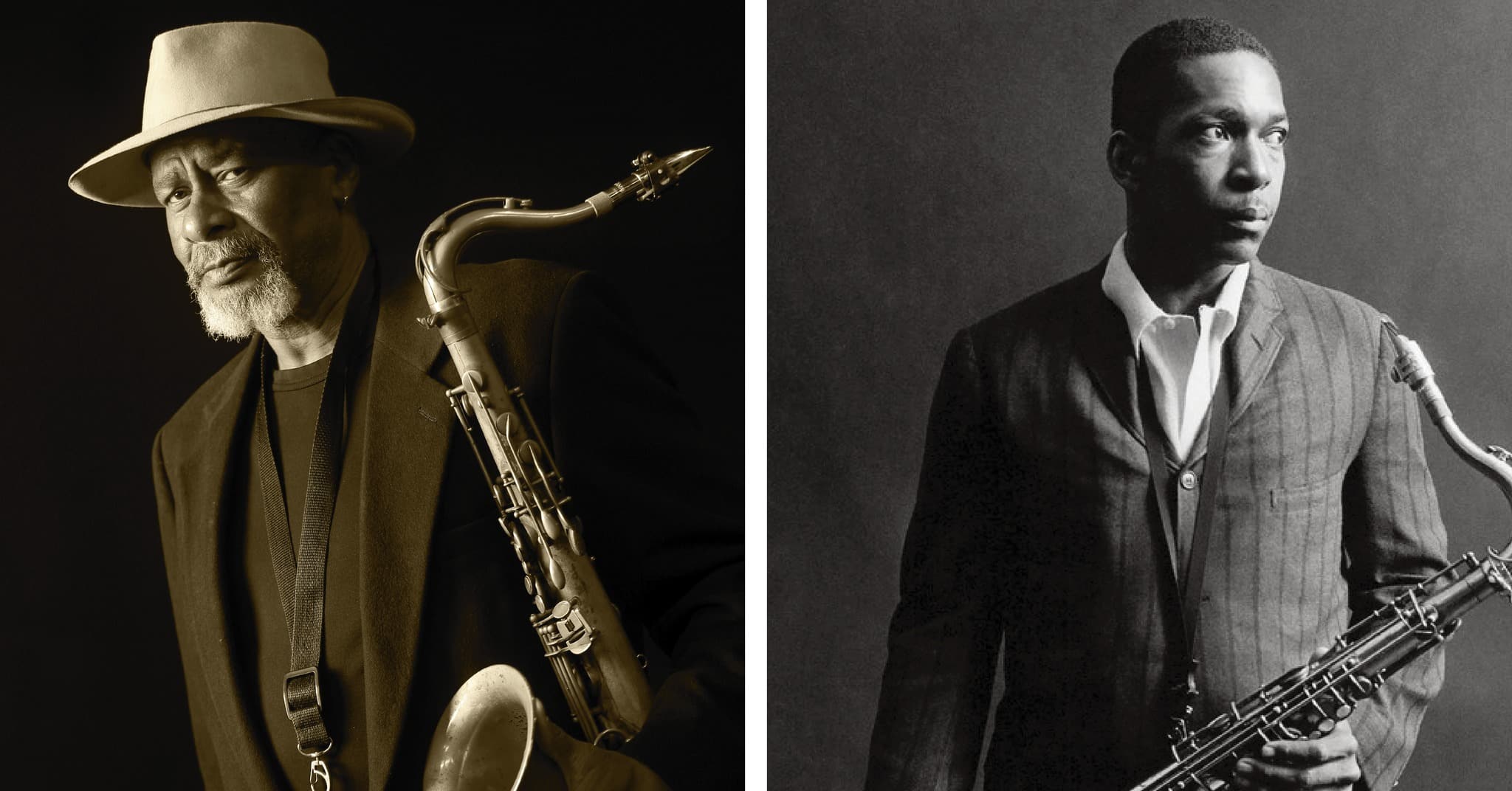 A sepia toned image of saxophonist Hanah Jon Taylor is shown on the left, to the right is a black-and-white photo of John Coltrane.