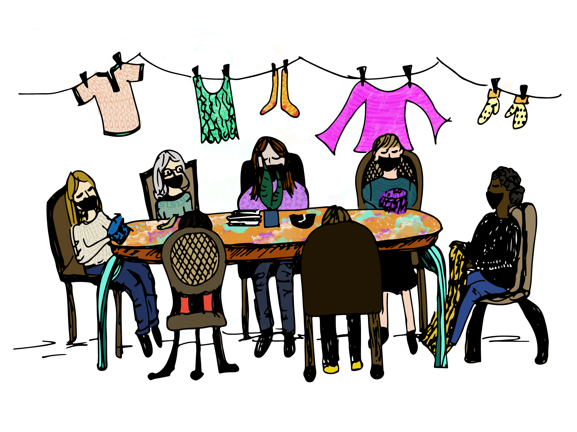 An illustration shows seven people sitting around a colorful table while knitting, with a clothesline of mittens, socks and shirts in the background.