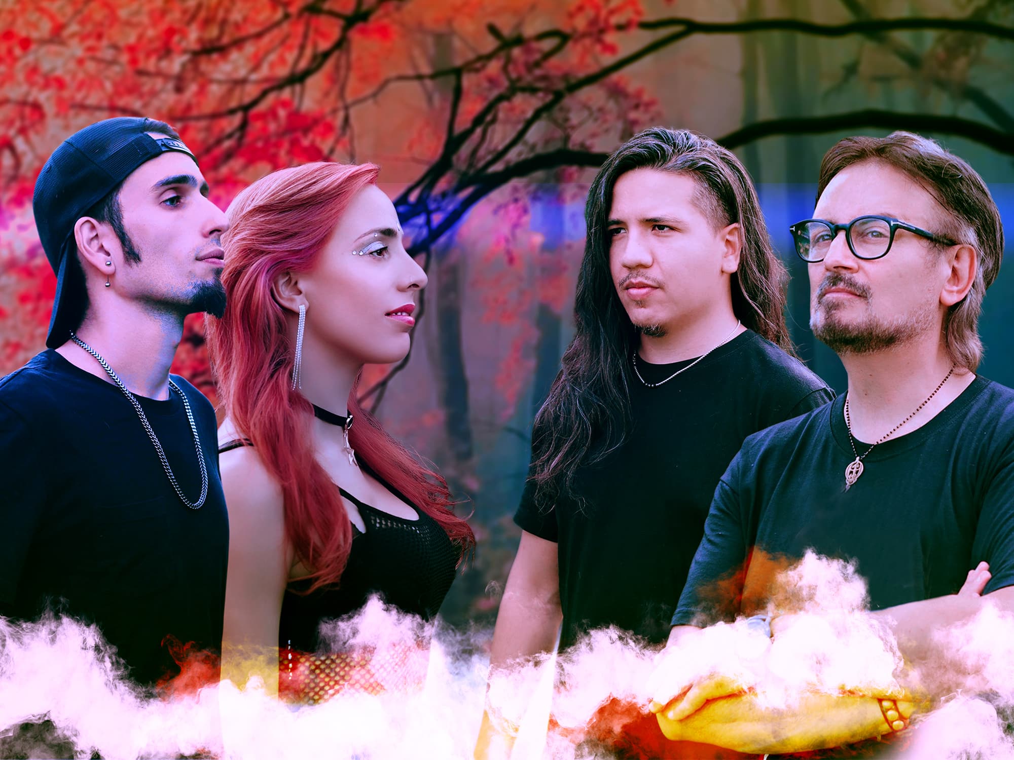 Four members of Claudio Simonetti's Goblin are shown posing against a background of trees with red leaves, with a streak of ethereal mist running along the bottom of the photo.