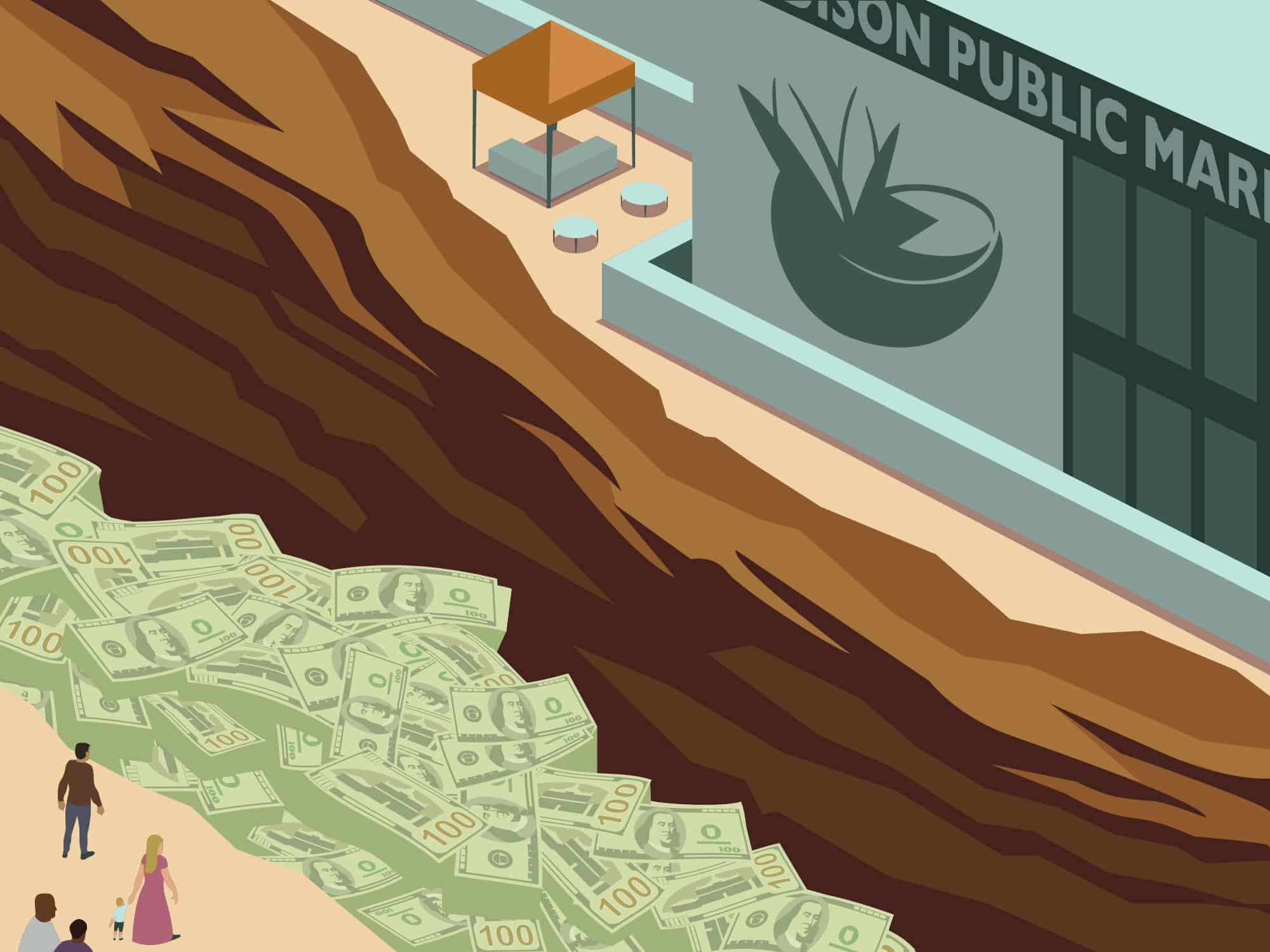 An illustration shows an overhead view of an imagined Madison Public Market with a large trench in front of it. The trench is partially filled with money, and on the other side of it stands a crowd of people.