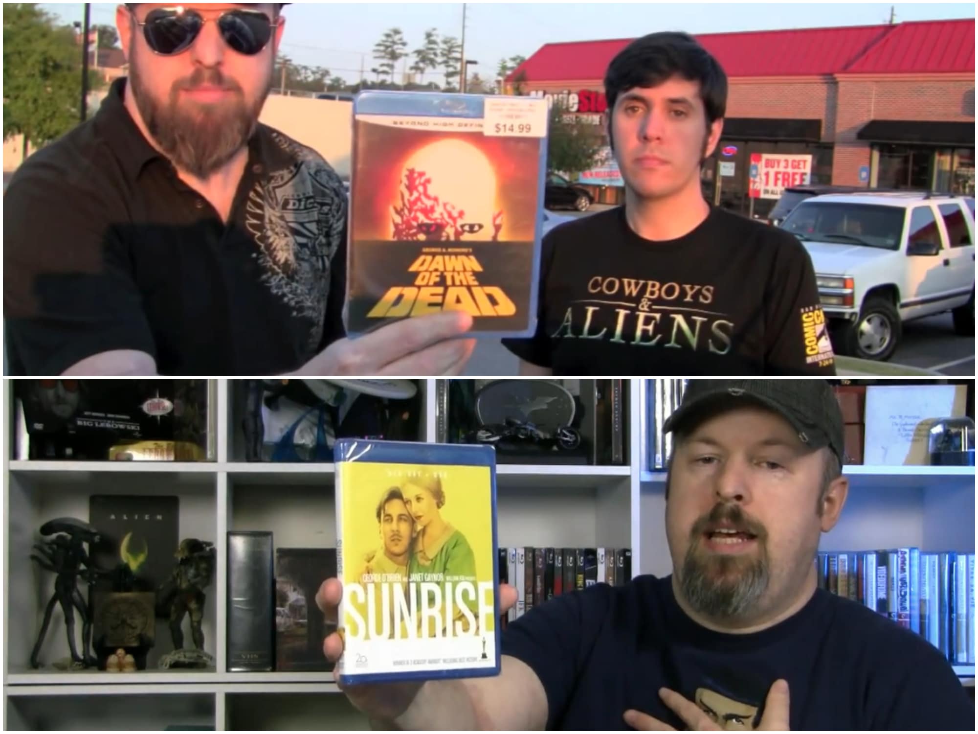 The top image shows Krazy Jason holding up a Blu-ray copy of Romero's Dawn Of The Dead (1978) that he snagged for $8 during a field trip to a MovieStop in Duluth, Georgia, in September 2010. O.J. stands to his right, facing the camera. The bottom image captures Krazy in his home in November 2014, filming an early Black Friday mega haul, and holding up a Blu-ray copy of Sunrise: A Tale Of Two Humans (1927), while also talking about his favorite silent film of all-time.