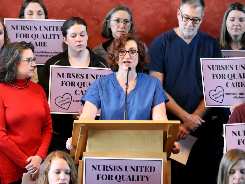 Mariah Clark, an emergency department nurse, speaks as University of Wisconsin Hospitals and Clinics nurses announce a new union during a press conference at the First Unitarian Society in Madison, Wis., on Dec. 19, 2019. (Coburn Dukehart / Wisconsin Watch)