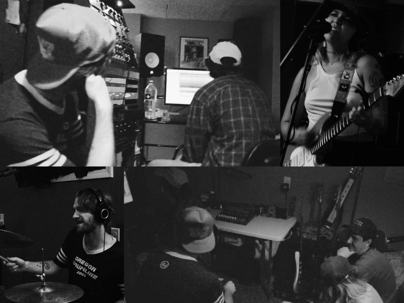 A collage of black-and-white photos shows the band Mickey Sunshine recording with Logan Severson and Isaac deBroux-Slone in a basement studio, tracking drums, vocals, and guitar, and mixing audio at a desktop computer.