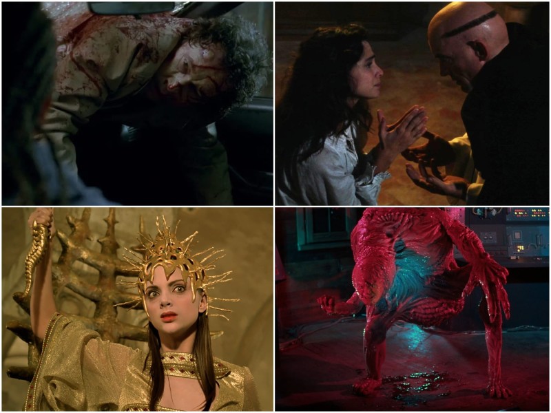 An image collage featuring the October series' four films. Clockwise from top left, Thomas Bardo (Stephen Rea) is covered in blood, hanging halfway through a shattered windshield in Stuck; Maria (Rona De Ricci) pleads to the Grand Inquisitor Torquemada (Lance Henriksen) in The Pit And The Pendulum; Dr. Edward Pretorius (Ted Sorel) is transformed into a hideous monster in From Beyond; and Uxía (Macarena Gómez), dressed in a gold ceremonial outfit in Dagon, brandishes a gold dagger shaped like a spine.