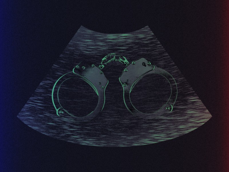 An ultrasound with a pair of handcuffs and green highlights sits on a dark background with blue and red gradients on each side.