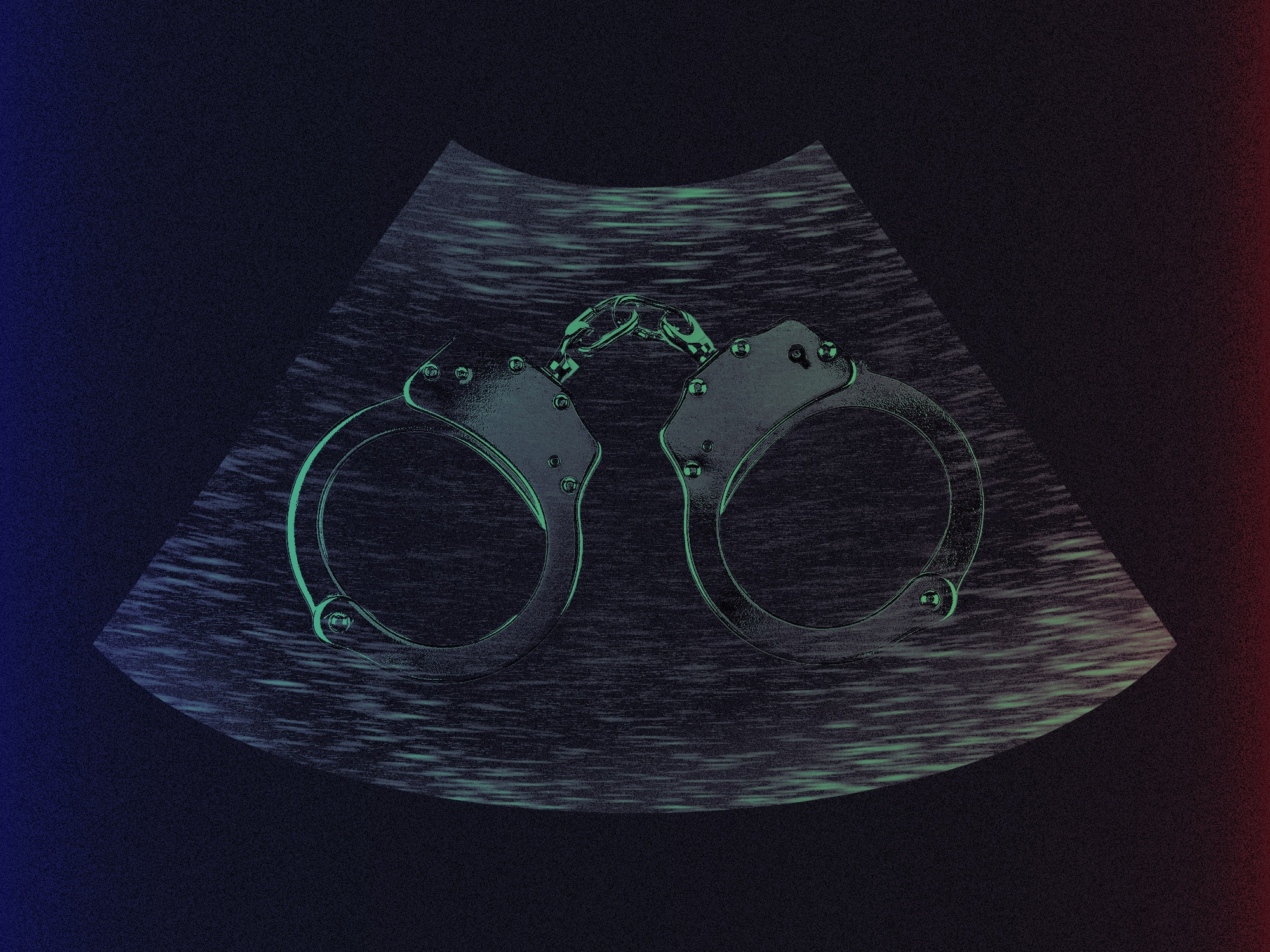An ultrasound with a pair of handcuffs and green highlights sits on a dark background with blue and red gradients on each side.