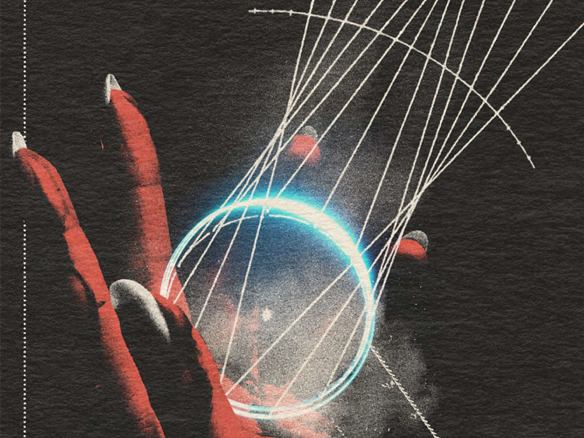 A detail of a poster for the Haunted Ones DJ night shows a close-up of a hand holding a glowing orb with overlapping lines emanating from it. The graphic is set against a black background.