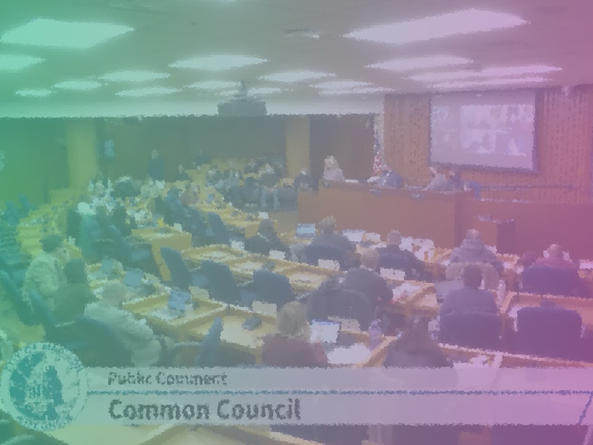 Screenshot of a Madison Common Council hearing on the 2023 budget with color grading and filters