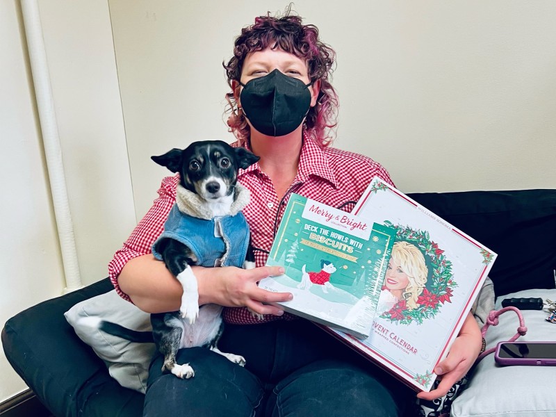 Sami's partner, Jess, a masked white non-binary person with pink hair and a red checkered shirt with jeans holds Gravy Rae, a small black and white dog in a jean jacket along with two advent calendars, one with dog biscuits and one Dolly Parton-themed.