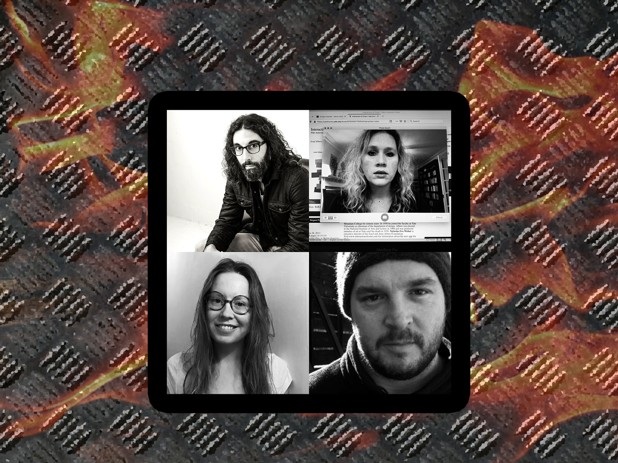Headshots of four writers are shown against a background of a metal plate and flames. Photo (from left to right): Daniel Khalastchi, photo by Barry Phipps. Caryl Pagel, photo by author. Chessy Normile, photo courtesy of the New York Times. Jeffrey McDaniel, photo courtesy of the Poetry Foundation. Background fire image by Gaurav Joshi/Unsplash. Background metal plate image by Gareth David/Unsplash.
