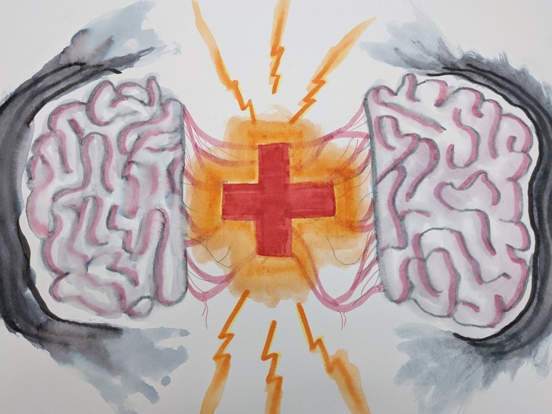an illustration shows a brain divided into two halves, with a medical-style red cross in the middle.