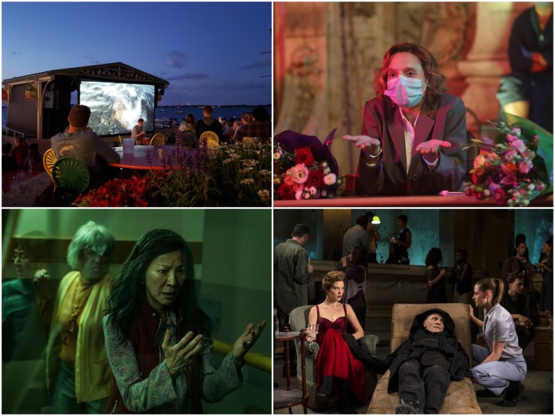 A simple image collage that depicts (at top left) a Monday night screening of "Sharknado" at Memorial Union Terrace in Madison with three other film stills. To its right, an shot of actress Katia Pascariu in "Bad Luck Banging Or Loony Porn;" below that, a shot of Kristen Stewart, Viggo Mortensen, and Léa Seydoux in "Crimes Of The Future;" and to its left, a still of Michelle Yeoh, a looming Jamie Lee Curtis, and reflection of Ke Huy Quan in "Everything Everywhere All At Once."