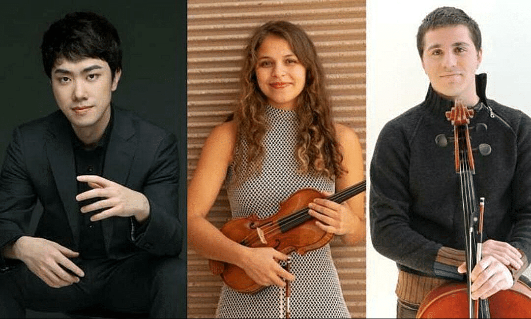 A trio of headshots of the performing musicians—Shuguang Gong (piano), Sahada Buckley (violin), and Trace Johnson (cello).