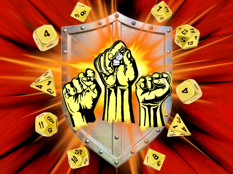 Three fists are raised in front of a knight’s shield. The center fist is holding a pair of dice. An explosion radiates from behind the fists and shield; exploding out are a halo of polyhedral dice.