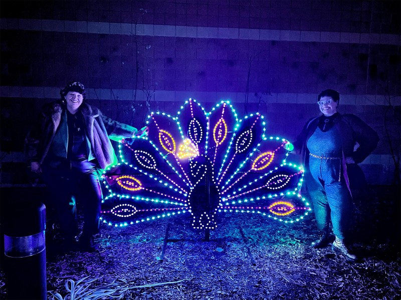The author and her partner pose with a peacock made of lights at the Henry Vilas Zoo.