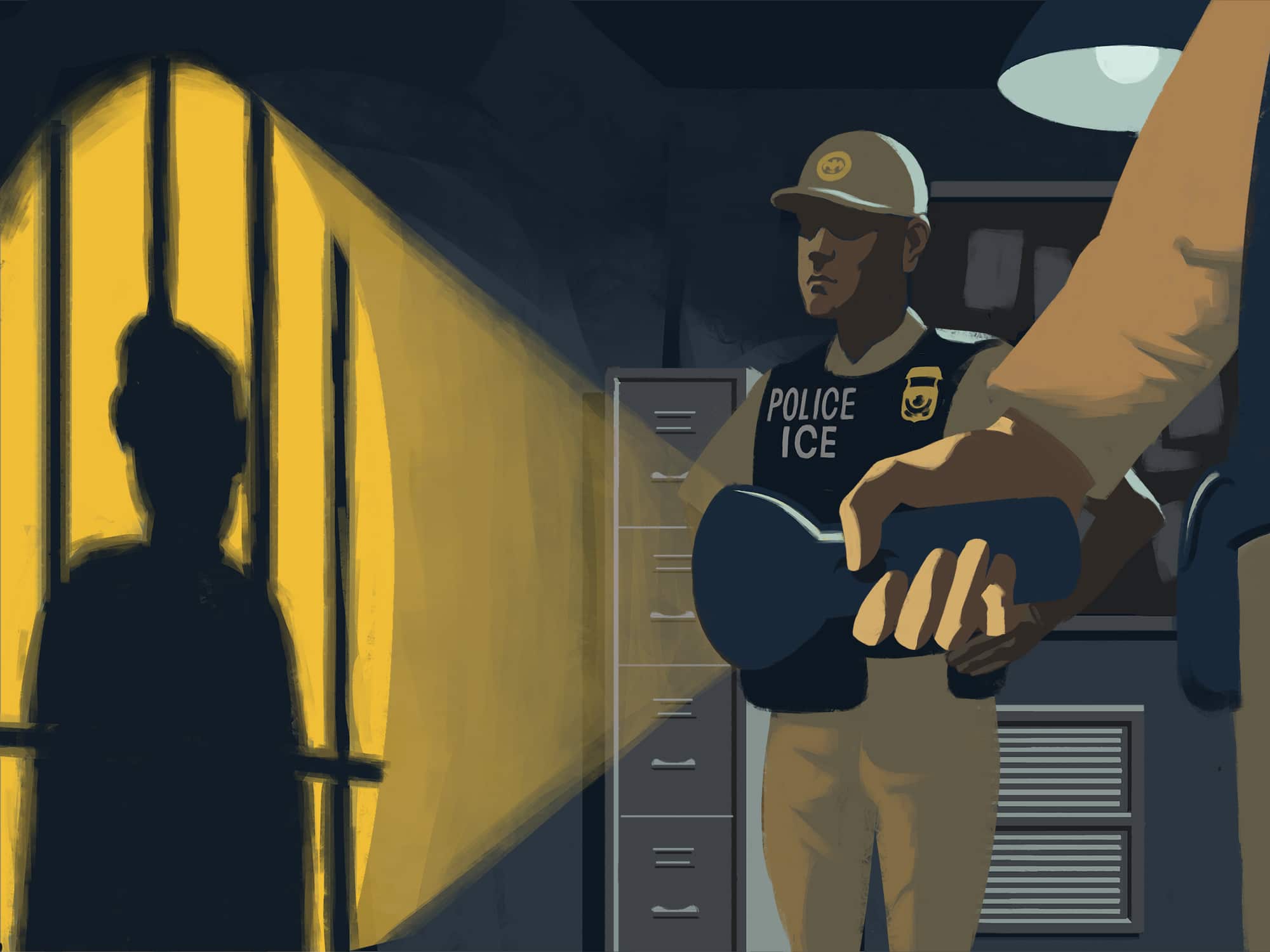 This illustration shows the hand of presumably a law enforcement officer shining a light on an incarcerated person with an Immigration and Customs Enforcement or ICE officer in the room. The illustration demonstrates how local law enforcement informs ICE about noncitizens who come into contact with the carceral system.