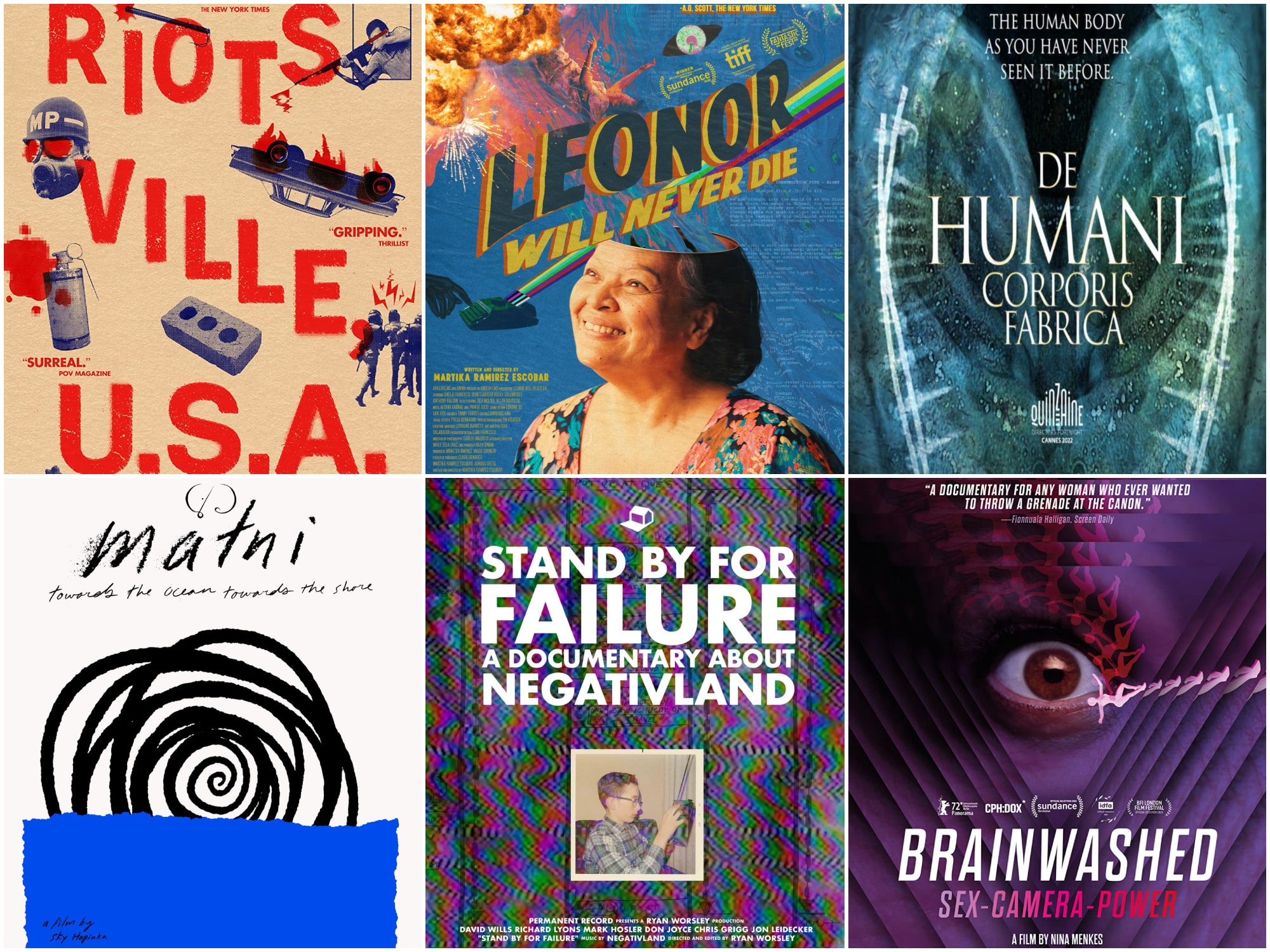 A poster collage of the six features in the new MMoCA Cinema winter series in chronological order. From top left, "Riotsville USA" (January 26), "Leonor Will Never Die" (February 2), "De Humani Corporis Fabrica" (February 9), "małni—towards the ocean towards the shore" (February 16), "Stand By For Failure: A Documentary About Negativland" (February 23), and "Brainwashed: Sex-Camera-Power" (March 2).