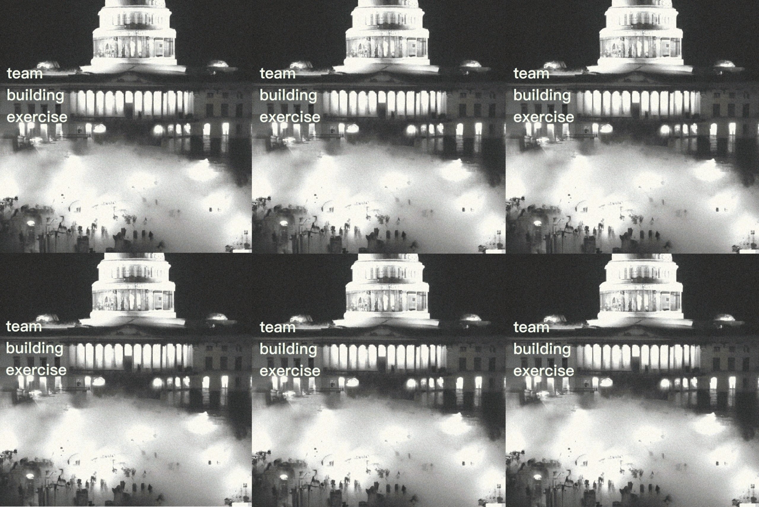 The EP art for "Team Building Exercise" is shown in a 2x3 grid. The art depicts a black-and-white photo of the United States Capitol, with its grounds shrouded in smoke. 