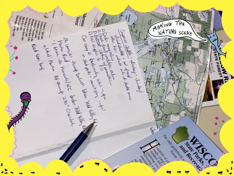 A photo of a pen and notebook with notes for planning a trip, with a map and guidebook. The image is surrounded by the illustrated frame for "Making the Nature Scene