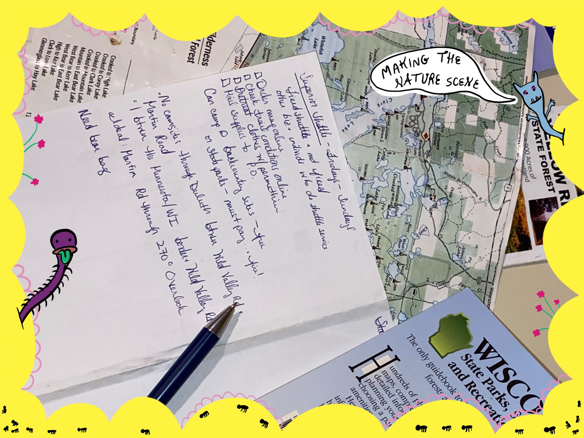 A photo of a pen and notebook with notes for planning a trip, with a map and guidebook. The image is surrounded by the illustrated frame for "Making the Nature Scene
