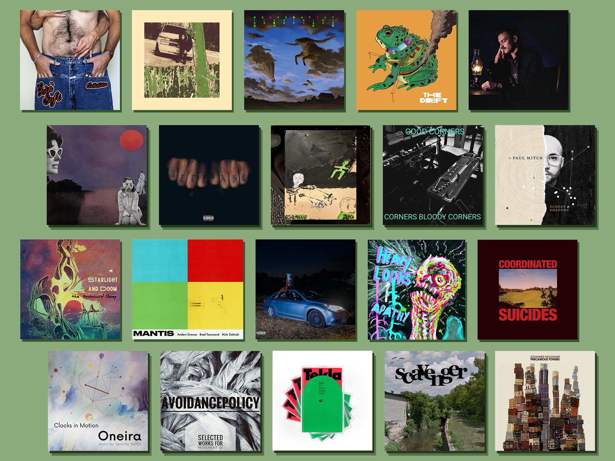 The album art for 20 of the records that appear on this list are displayed on a pale olive background.