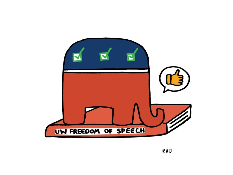An illustration shows the GOP's elephant logo decorated with three checked-off checkboxes, standing on top of a book with "UW Freedom Of Speech on the spine." A speech bubble with a thumbs-up emoji emanates from the elephant's snout.