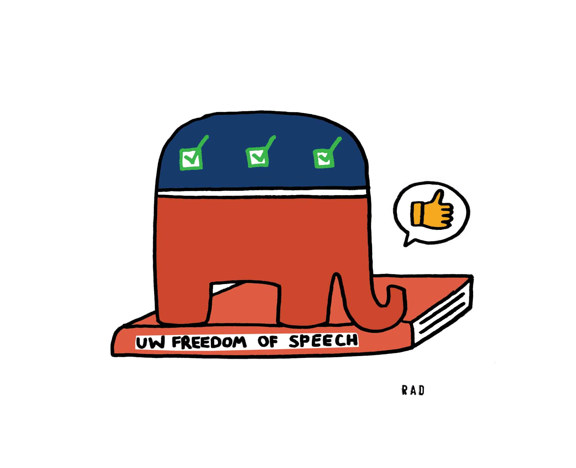 An illustration shows the GOP's elephant logo decorated with three checked-off checkboxes, standing on top of a book with "UW Freedom Of Speech on the spine." A speech bubble with a thumbs-up emoji emanates from the elephant's snout.