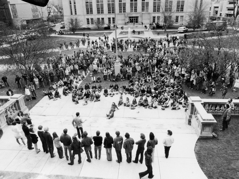 Black and white photograph of a student protest in the 1960's in the UW-Madison Library Mall.