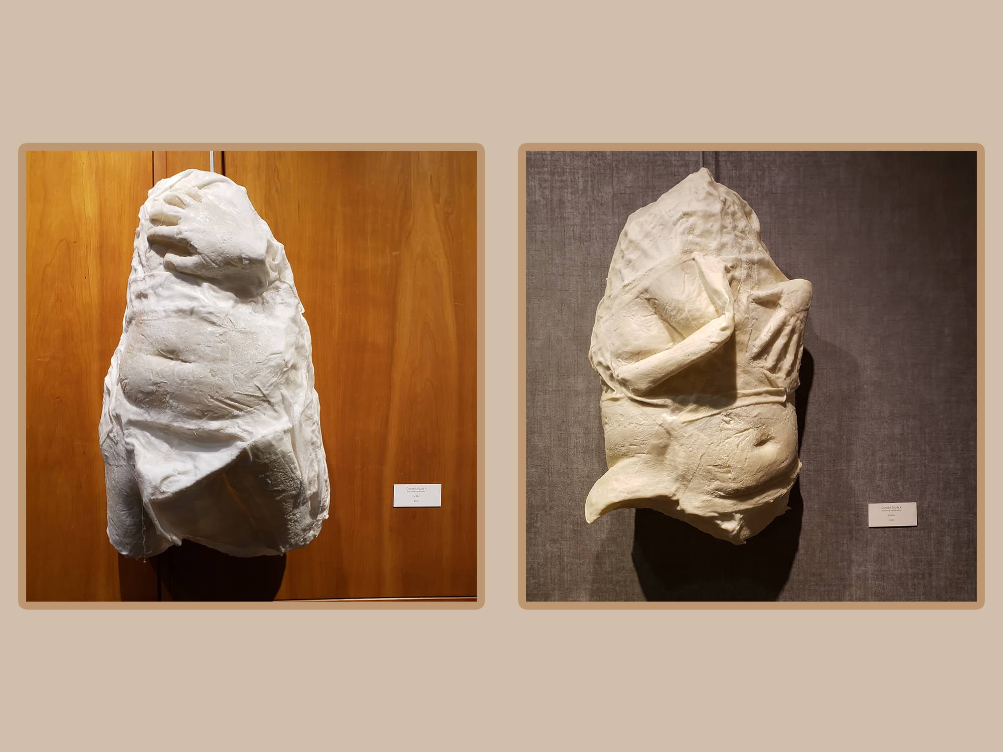 Two photos of plaster sculptures, each showing the shape of a human torso, are shown against a beige background.