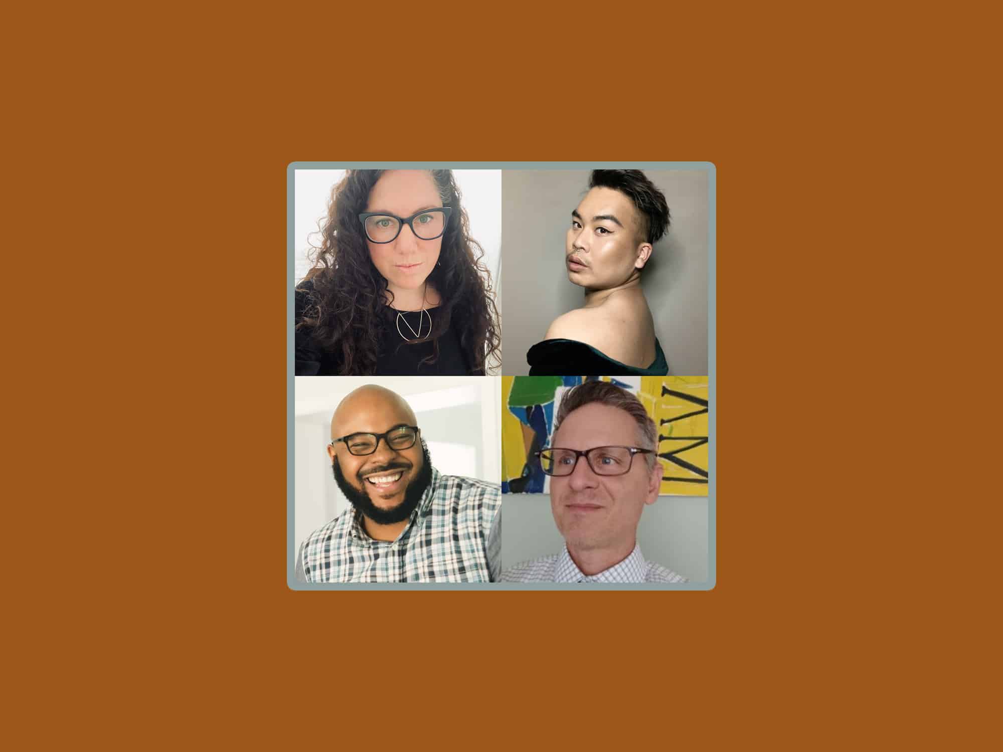 Headshots of the four authors described in the event, arranged against an orange background.