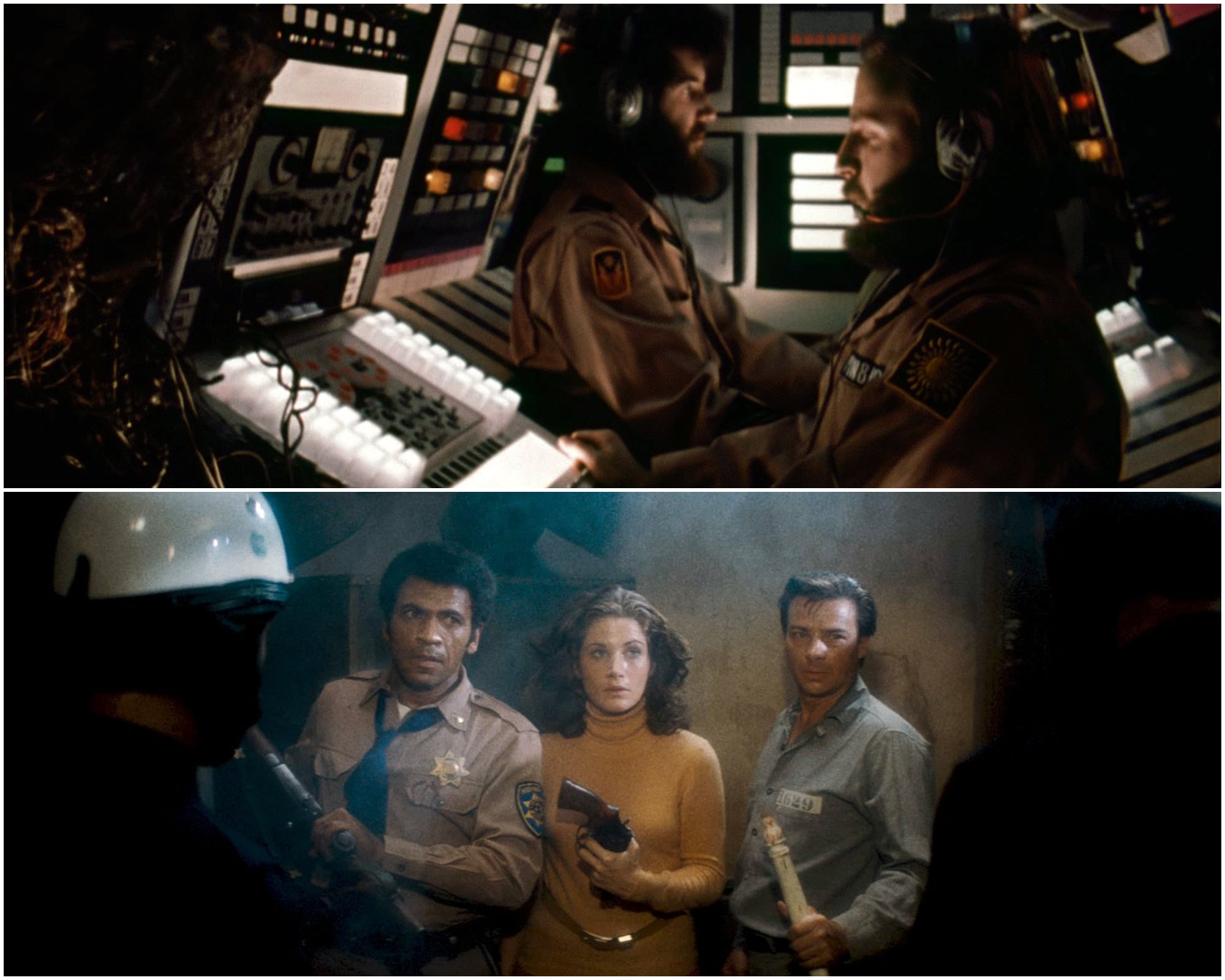 The top image shows Pinback (Dan O’Bannon) and Doolittle (Brian Narelle) facing opposite directions as they both use spaceship computer terminals in "Dark Star." The bottom image features a shot of Ethan Bishop (Austin Stoker), Leigh (Laurie Zimmer), and Napoleon Wilson (Darwin Joston) brandishing weapons as they look skeptically at two obscured figures in "Assault On Precinct 13."