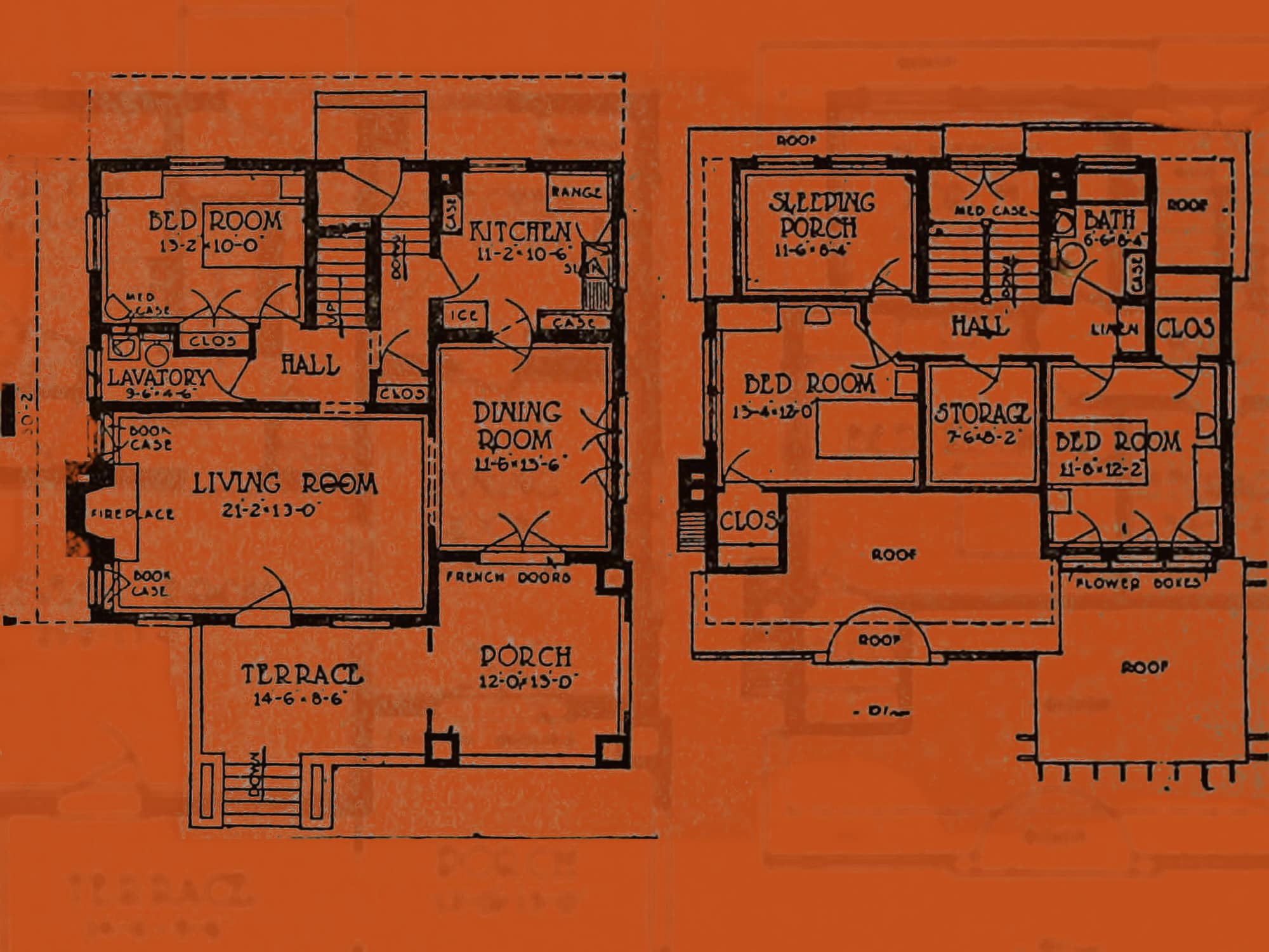 An old-timey house blueprint over an orange background.