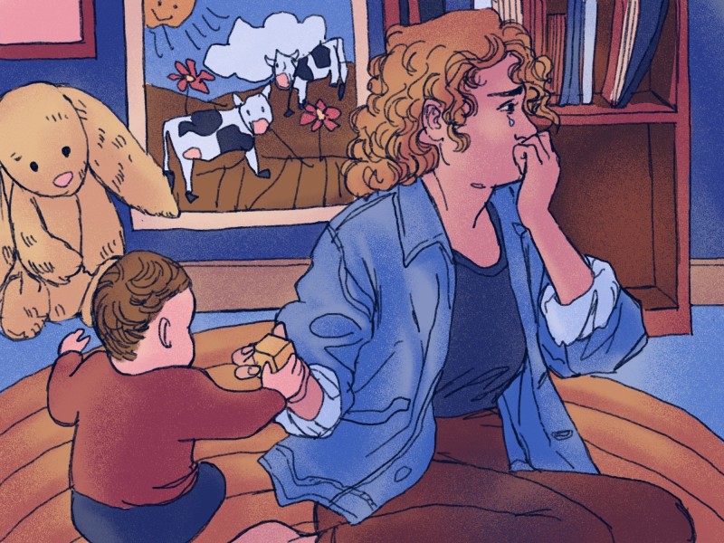 An illustration shows a childcare worker playing with blocks with a small child. Both have their hands on a block, and the worker has turned away from the child with a tear running from their eye. In the background is a stuffed animal, a shelf of books, and a childlike drawing of cows.