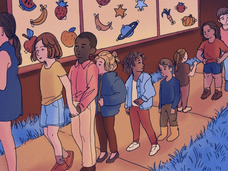 An illustration shows a group of small children standing in a line on a sidewalk. Behind them is a wall decorated with pictures of fruit, the planets, and vegetables.