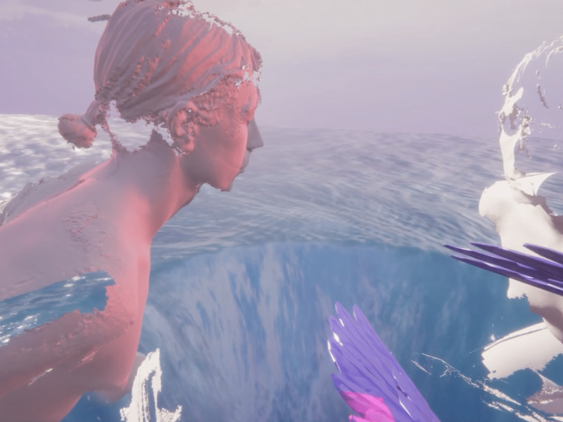 A screenshot displays a scene from the final level of the game, as the camera pans past a 3D model of Ava Wanbli's body posed like classic sculpture amidst a hazy sky and waterfall with pink and lavender-colored wings clipped off in the foreground.