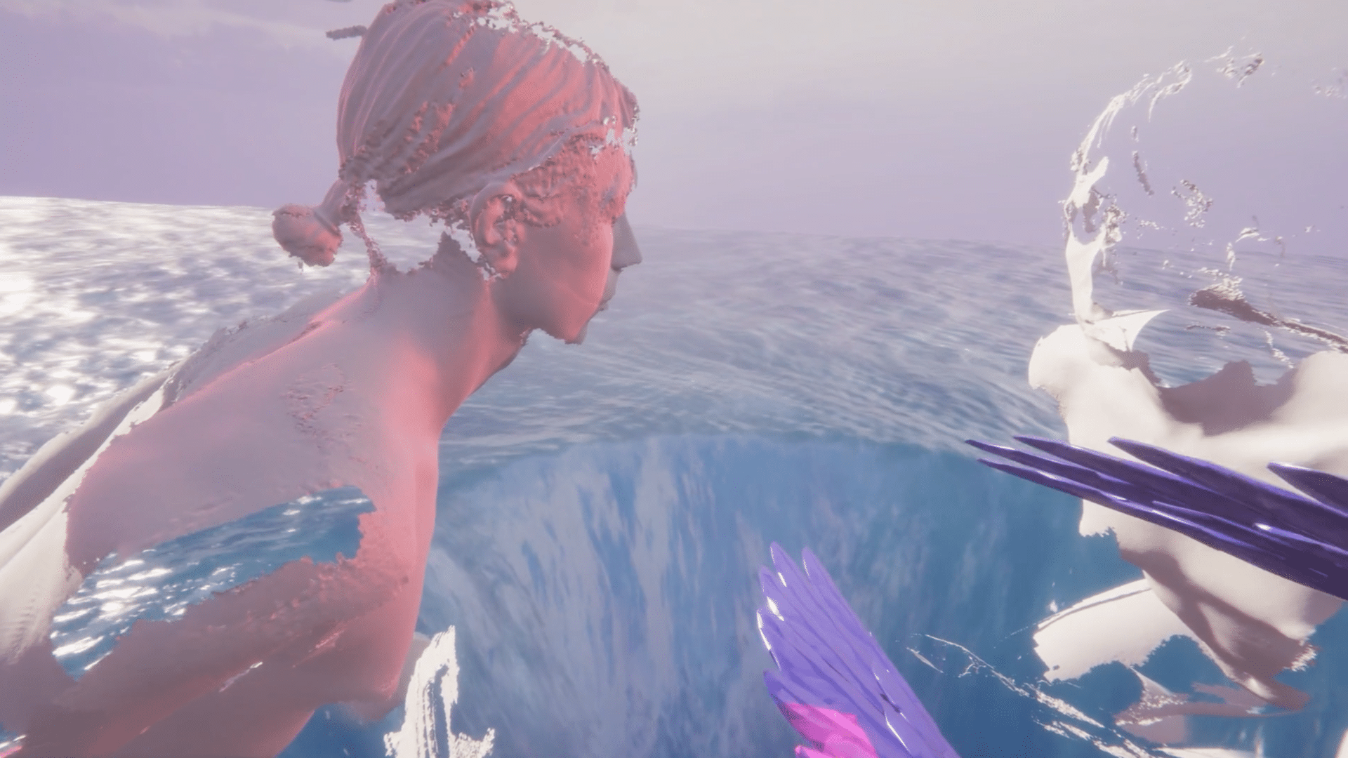 A screenshot displays a scene from the final level of the game, as the camera pans past a 3D model of Ava Wanbli's body posed like classic sculpture amidst a hazy sky and waterfall with pink and lavender-colored wings clipped off in the foreground.