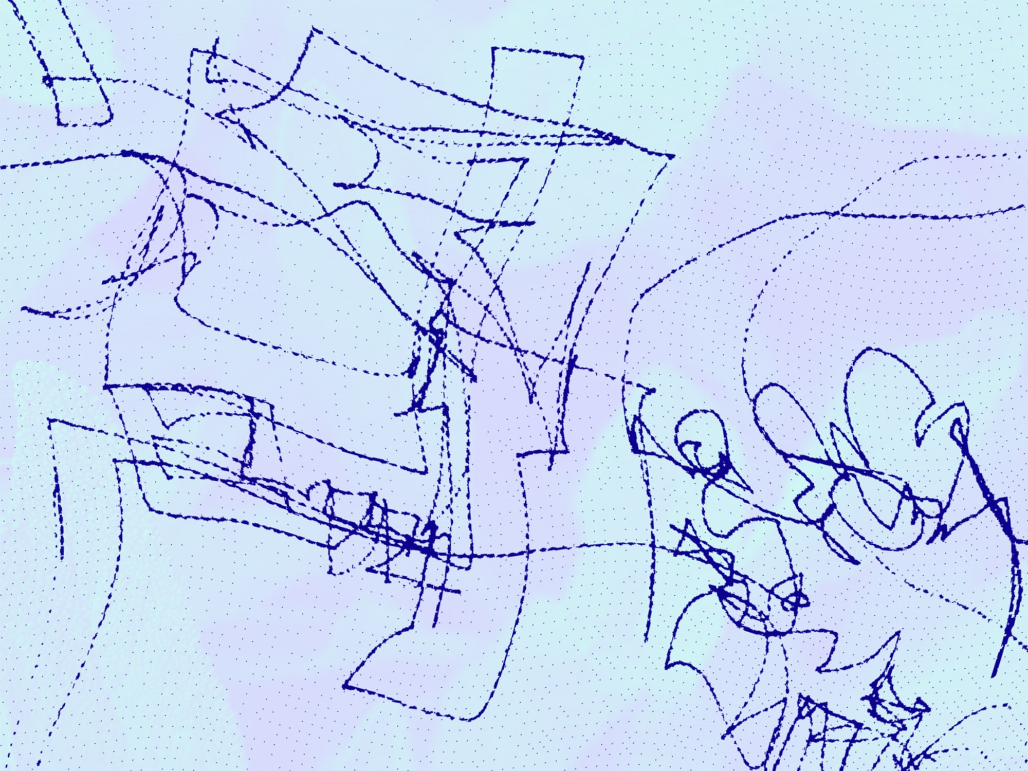 A detail from a poster for the show depicts abstract squiggles in blue lines over a background of soft purple and blue.