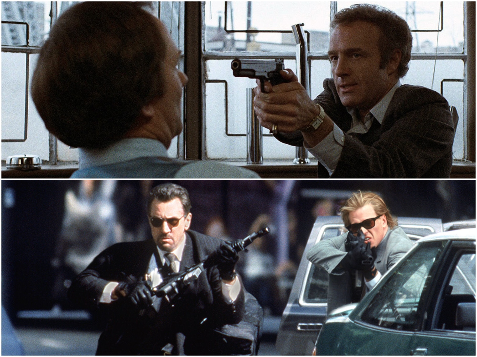 A simple image collage featuring the two Michael Mann films. On top, Frank (James Caan) points a gun at plating company boss Attaglia (Tom Signorelli) in "Thief." Below that, Neil McCauley (Robert De Niro) and Chris Shiherlis (Val Kilmer), armed with assault rifles, face off against the police on the Los Angeles streets in "Heat."