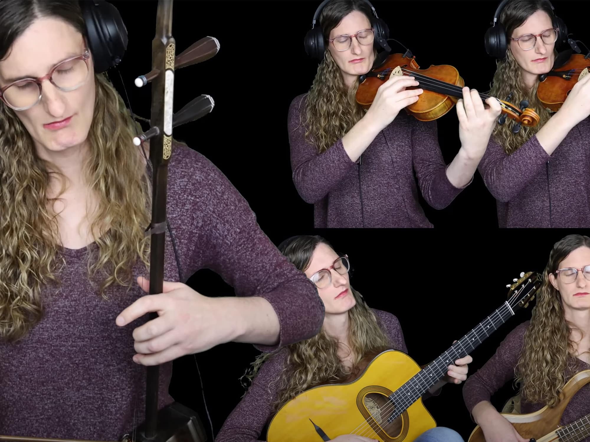 A screenshot shows five images of Shea Henry performing instrumental parts on erhu, guitar, bass, and violin, all edited together in sync on screen.