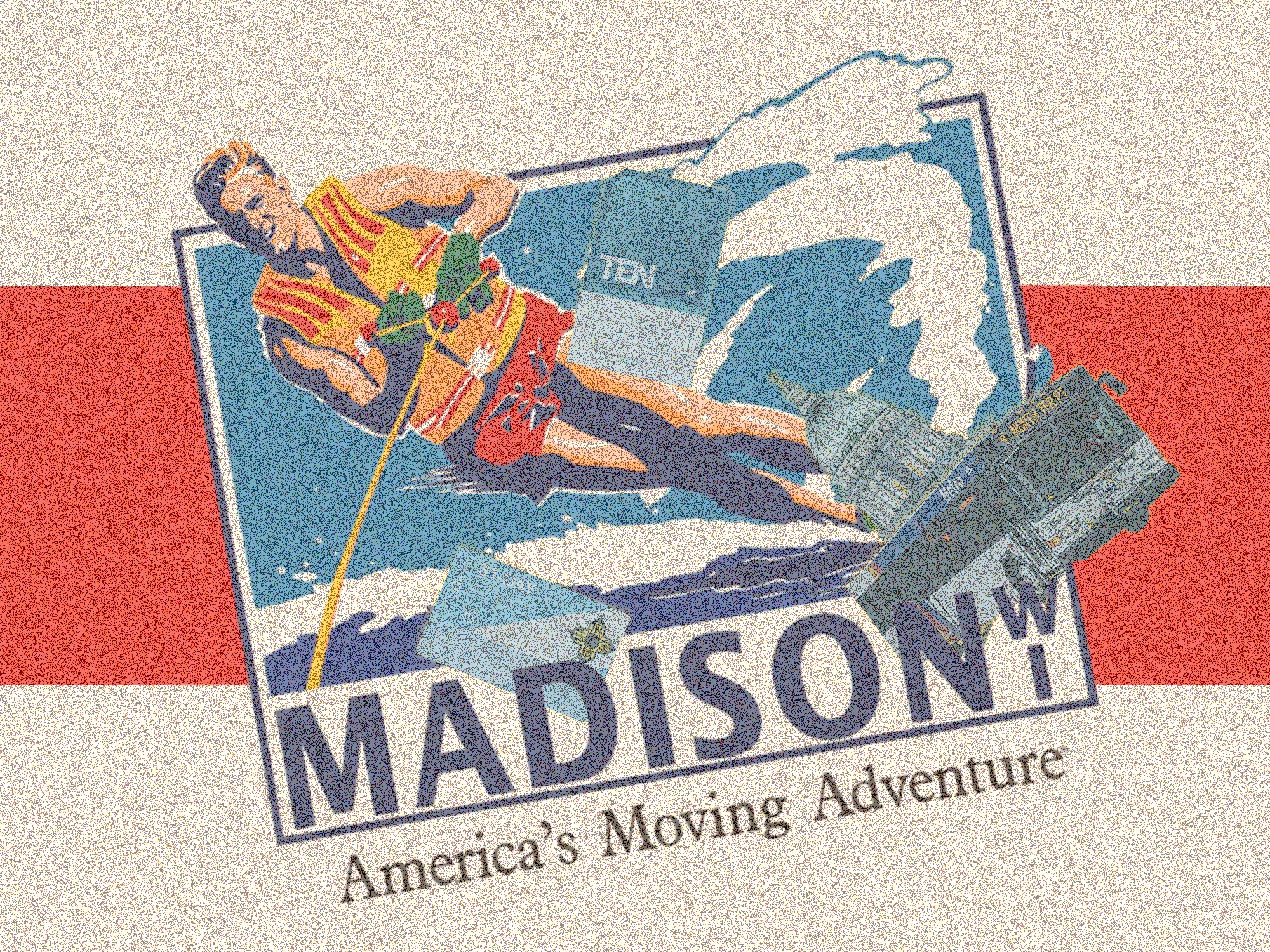 An illustration shows a graphic from a U-Haul truck, reading "Madison WI, America's Moving Adventure" and depicting a waterskier, with images of bus passes, a Madison bus, and the Wisconsin Capitol photoshopped in.