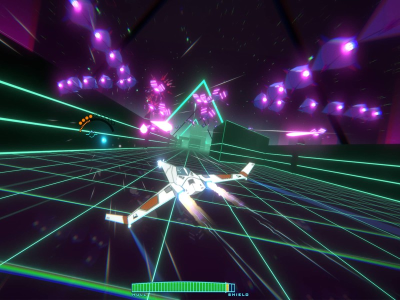 A screenshot from "Whisker Squadron: Survivor" shows the player's spaceship flying through a futuristic landscape of bright-green digital grid lines, purple enemy ships, and a narrowing passageway in the background.