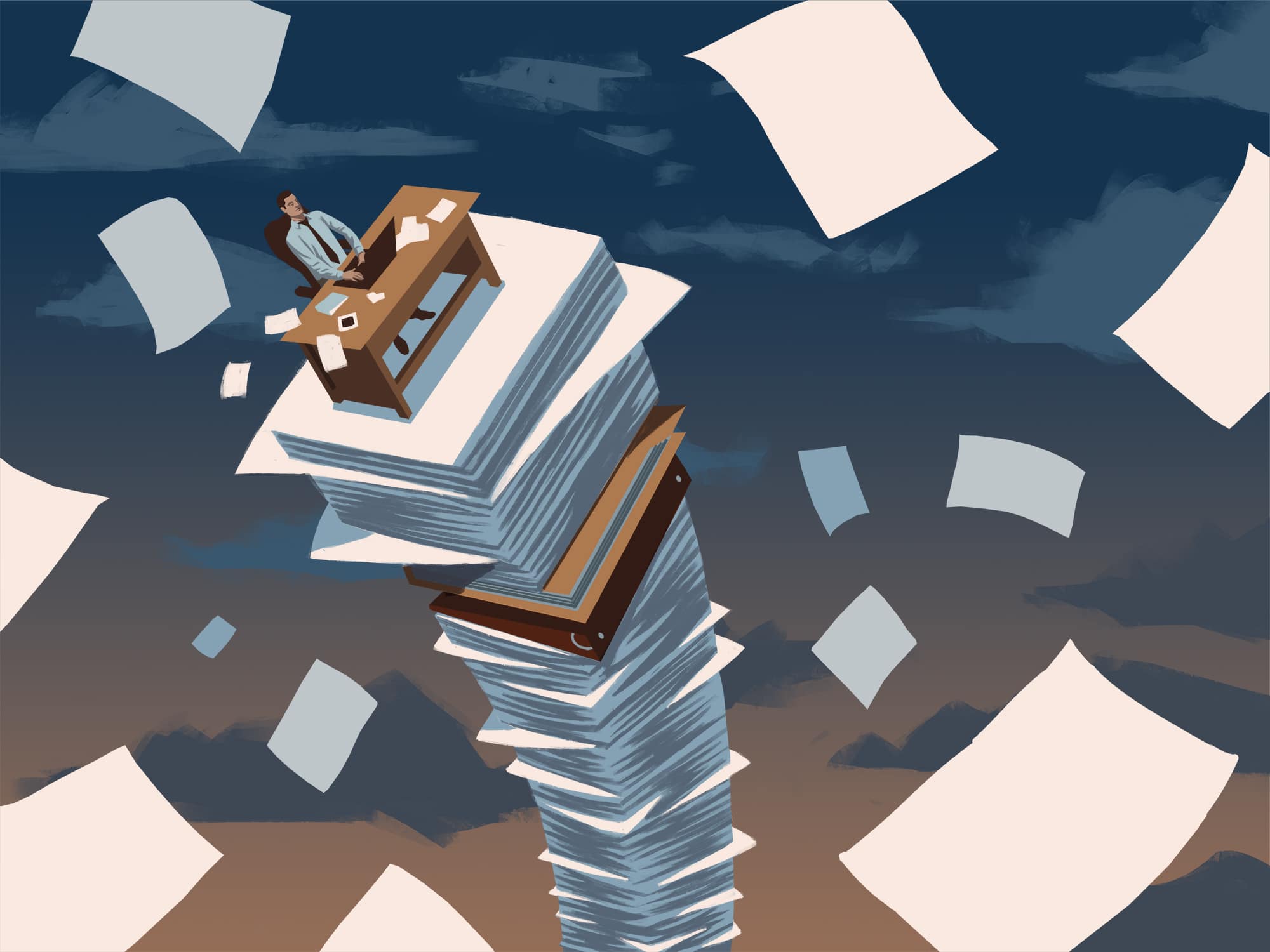 An illustration shows an office worker seated at a desk atop a teetering stack of paper that reaches into the sky.