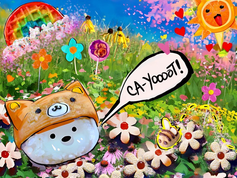 Weird cute kawaii spring prairie scene featuring a smiling orange sun, a waffle rainbow, and a peanut butter bee. A cute inari sushi wearing a bear hat is screaming “CA-YOOOOT!” with love at the sun.