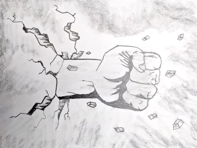 A pencil drawing of a fist breaking through bricks. Illustrated by Joshua Micke, currently incarcerated at the Wisconsin Resource Center.