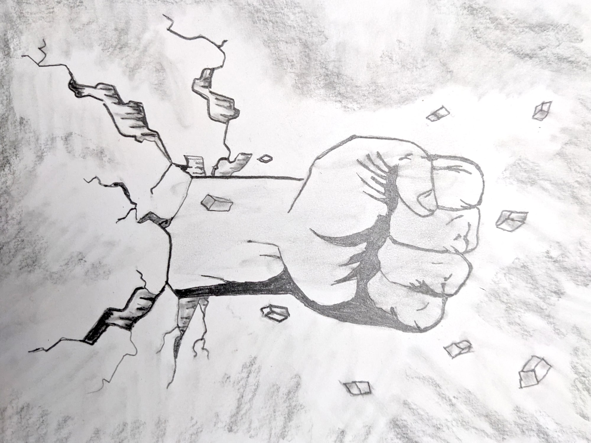 A pencil drawing of a fist breaking through bricks. Illustrated by Joshua Micke, currently incarcerated at the Wisconsin Resource Center.